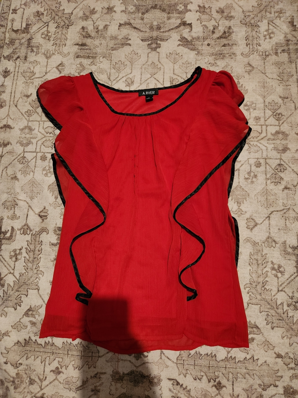 A. Byer Red Ruffle Trim Flutter Sleeve Top